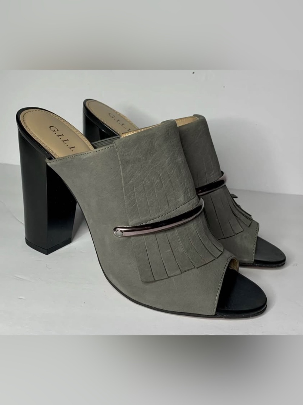 G.I.L.L.I. Pressley Gray Leather Fringe Block Heel Mules